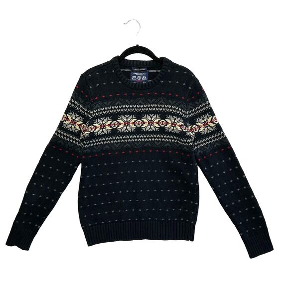 American Eagle Fair Isle Nordic Sweater Men's Sz XS Navy Rabbit Hair Retro Cabin - Picture 1 of 6